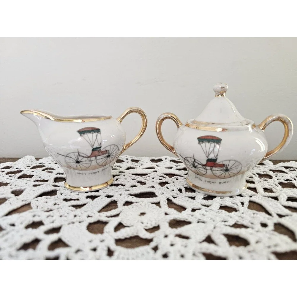 Small Vintage Kingwood China Creamer And Sugar Carriage Wagon Stagecoach Design